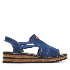 Sandały Rieker. Niebieskie sandały damskie Rieker, bez wzorów, bez obcasa, na koturnie. Za 319.99 zł.