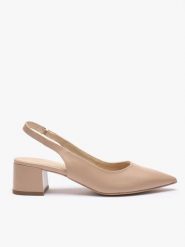 Beżowe czółenka bez pięty slingback na słupku. Brązowe czółenka damskie Ryłko, bez wzorów, z gumy, bez obcasa, na obcasie. Za 379.99 zł.