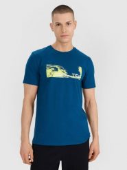 4F T-shirt regular z nadrukiem męski - turkusowy XXL. Niebieskie t-shirty męskie 4f, m, bez wzorów, z bawełny, bez kołnierzyka. Za 59.99 zł.