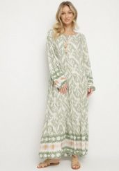 Zielona Sukienka Rozkloszowana z Ozdobnym Wiązaniem w Boho Wzór Erainea. Zielone sukienki damskie Born2be, na co dzień, l, z aplikacjami, z jeansu, boho, bez kołnierzyka, bez ramiączek, maxi, proste. W wyprzedaży za 71.99 zł.