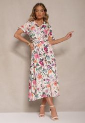 Jasnobeżowa Koszulowa Sukienka w Kwiaty o Rozkloszowanym Fasonie z Paskiem Fevalirra. Brązowe sukienki damskie Renee, na spotkanie biznesowe, na lato, m, bez wzorów, eleganckie, bez kołnierzyka, bez ramiączek, maxi, kopertowe. W wyprzedaży za 83.99 zł.