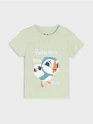 Bawełniana koszulka z nadrukiem Puffin Rock - zielony. Zielone koszulki dziewczęce Sinsay, l, bez wzorów, z bawełny, bez ramiączek. Za 9.99 zł.