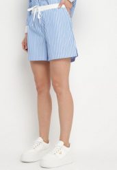 Niebieskie Szorty w Paski z Wysokim Stanem i Sznurkami Kiniriela. Niebieskie szorty damskie Born2be, bez wzorów, eleganckie, z podwyższonym stanem. Za 84.99 zł.