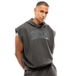 Męska bluza z kapturem bez rękawów Lifestyle Siroko IBZ Swish Gray. Szare bluzy sportowe męskie SIROKO, bez wzorów, z dresówki, casualowe, bez kołnierzyka, bez ramiączek. Za 126.00 zł.