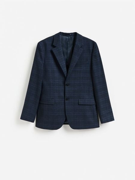 Marynarka regular fit z dodatkiem wiskozy - granatowy. Niebieskie marynarki męskie Reserved, bez wzorów, z tkaniny. Za 359.99 zł.