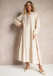 Beżowa Wiskozowa Sukienka Ozdobiona Koronką Nelanira. Brązowe sukienki damskie Renee, na co dzień, l, z aplikacjami, z jeansu, eleganckie, bez kołnierzyka, bez ramiączek, maxi, kopertowe. W wyprzedaży za 143.99 zł.