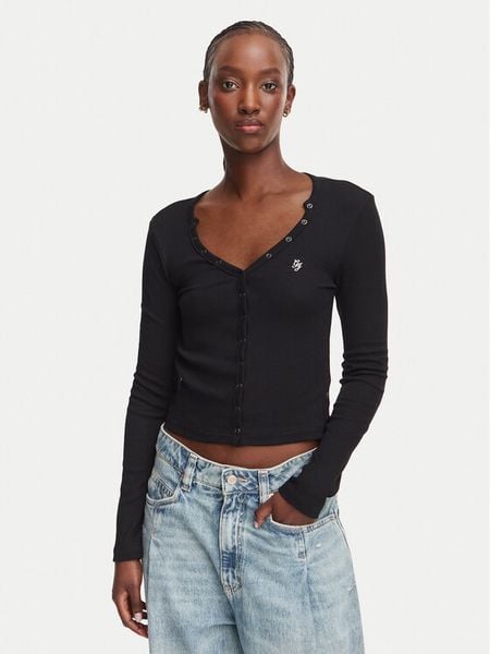Guess Jeans Bluzka W6YP03 K3647 Czarny Slim Fit. Czarne bluzki damskie Guess Jeans, l, z aplikacjami, z bawełny, bez ramiączek. Za 219.99 zł.