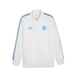 Męska kurtka Olympique Marsylia KING Anthem PUMA White Bleu Azur Blue. Białe kurtki treningowe męskie Puma, m, w ażurowe wzory, do biegania. Za 384.50 zł.