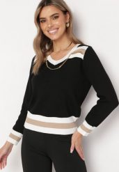 Czarny Sweter ze Ściągaczami i Ozdobnym Metalowym Łańcuszkiem przy Dekolcie Larti. Czarne swetry klasyczne damskie Born2be, z jeansu, bez kołnierzyka. Za 59.99 zł.
