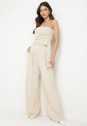 Beżowy Komplet Top Bez Rękawów z Trenem i Szerokie Spodnie Redilise. Brązowe spodnie materiałowe damskie Born2be, bez wzorów, eleganckie. Za 139.99 zł.