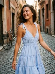 Sukienka mini z efektem stopniowania i wiskozą - błękitny. Niebieskie sukienki damskie Sinsay, l, bez wzorów, z wiskozy, bez kołnierzyka, bez ramiączek, mini. Za 49.99 zł.