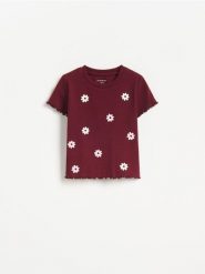 Prążkowany t-shirt - karminowy. Czerwone koszulki dziewczęce Reserved, m, bez wzorów, z bawełny, bez ramiączek. Za 27.99 zł.