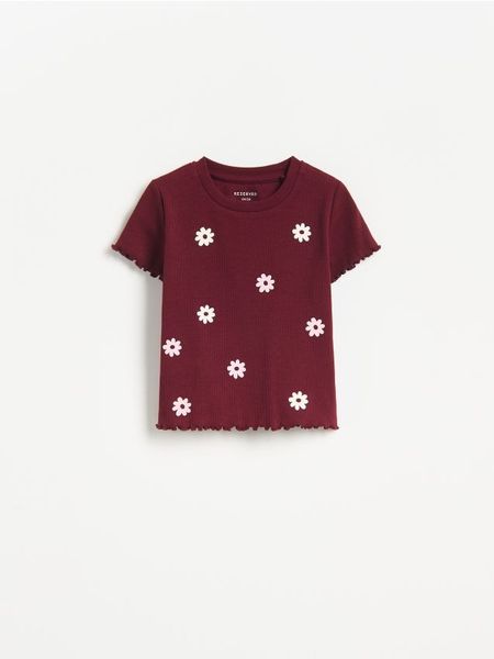 Prążkowany t-shirt - karminowy. Czerwone koszulki dziewczęce Reserved, m, bez wzorów, z bawełny, bez ramiączek. Za 27.99 zł.