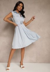 Niebieska Rozkloszowana Sukienka z Wiskozy Plisowana z Guzikami i Paskiem Eviralia. Niebieskie sukienki damskie Renee, na co dzień, l, bez wzorów, z wiskozy, eleganckie, bez kołnierzyka, bez ramiączek, midi, proste. W wyprzedaży za 175.99 zł.