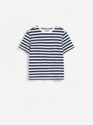 T-shirt z bawełną - granatowy. Niebieskie t-shirty damskie Reserved, l, bez wzorów, z bawełny, bez kołnierzyka. W wyprzedaży za 39.99 zł.
