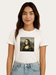 WOOOP Koszulka "Mona Lisa Bubble" w kolorze białym rozmiar: L. Białe bluzki damskie Wooop, l, bez wzorów, z bawełny, bez kołnierzyka, bez ramiączek. Za 56.99 zł.