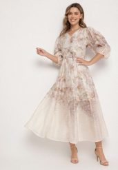 Beżowa Wiskozowa Sukienka o Rozkloszowanym Kroju w Kwiaty Redameira. Brązowe sukienki damskie Born2be, na co dzień, na wiosnę, m, bez wzorów, z wiskozy, eleganckie, bez kołnierzyka, bez ramiączek, maxi, rozkloszowane. W wyprzedaży za 223.99 zł.