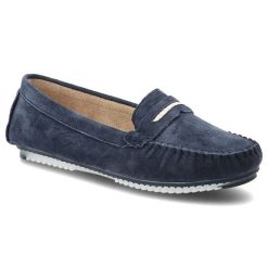 Mokasyny damskie S.Barski, cholewka ze skóry naturalnej zamszowej wsuwany fason z ozdobnym paskiem, granatowe, LR61-7029. Niebieskie mokasyny damskie S.BARSKI, ze skóry. Za 169.00 zł.