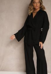 Czarny Komplet z Wiskozy Spodnie o Szerokim Kroju i Bluzka z Wiązaniem Livelia. Czarne spodnie materiałowe damskie Renee, bez wzorów, z wiskozy, eleganckie. Za 129.99 zł.