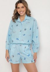 Jasnoniebieski Komplet z Wiskozą Koszula i Szorty z Motywem Morskim Reivienne. Niebieskie koszule damskie Born2be, z aplikacjami, z wiskozy, eleganckie. Za 159.99 zł.