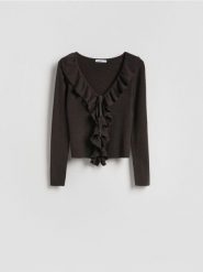 Sweter z falbanką - ciemnobrązowy. Brązowe swetry klasyczne damskie Reserved, l, z dzianiny, bez kołnierzyka. Za 129.99 zł.