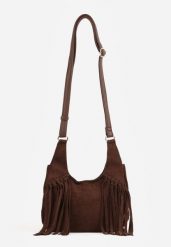 Brązowa Torebka w Stylu Boho z Imitacji Zamszu Ozdobiona Frędzlami na Długim Pasku na Ramię Megorre. Brązowe torebki klasyczne damskie Renee, bez wzorów, z jeansu, bez dodatków. Za 119.99 zł.