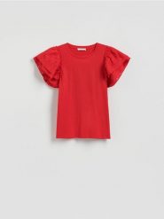 T-shirt z ażurowymi rękawami - czerwony. Czerwone t-shirty damskie Reserved, l, w ażurowe wzory, z bawełny, bez kołnierzyka. Za 89.99 zł.
