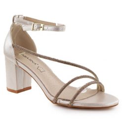 Sandały damskie na słupku z cyrkoniami złote Sabatina 730-1. Żółte sandały damskie Sabatina, bez wzorów, z materiału, bez obcasa, na słupku. Za 169.99 zł.