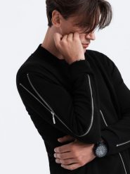 Bluza męska bomberka z ozdobnymi zamkami na rękawach AMSTERDAM - czarna B1367 - XXL. Czarne bluzy bez kaptura męskie Ombre Clothing, m, z bawełny. W wyprzedaży za 129.99 zł.