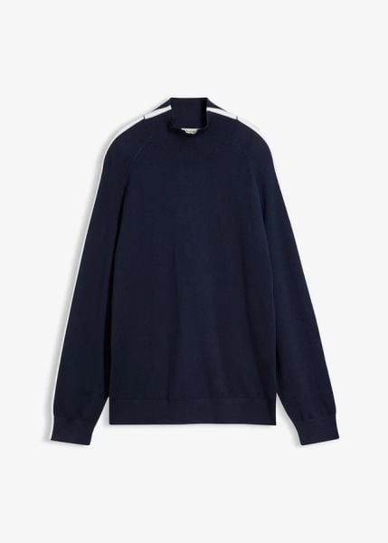Cienki sweter z kontrastowymi detalami, z mieszanki wiskozy. Niebieskie golfy damskie bonprix, bez wzorów, z wiskozy, bez ramiączek. Za 109.99 zł.