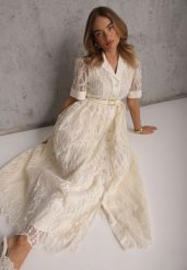 Jasnobeżowa Wiskozowa Sukienka o Koszulowym Kroju z Haftem i Wąskim Paskiem Nadarina. Brązowe sukienki damskie Renee, na lato, m, z aplikacjami, z materiału, eleganckie, bez kołnierzyka, bez ramiączek, maxi, koszulowe. Za 289.99 zł.