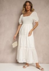 Biała Sukienka z Bawełny Ozdobiona Haftem Iffirina. Białe sukienki damskie Renee, na co dzień, l, z aplikacjami, z bawełny, bez kołnierzyka, bez ramiączek, maxi. W wyprzedaży za 159.99 zł.