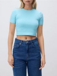 Krótki t-shirt - jasnoturkusowy. Niebieskie t-shirty damskie Reserved, l, bez wzorów, z dzianiny, bez kołnierzyka. W wyprzedaży za 19.99 zł.