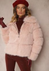 Różowa Pikowana Kurtka Futrzana z Eleganckim Kołnierzem Sinadrea. Czerwone kurtki damskie Renee, na zimę, l, bez wzorów, z futra, bez kaptura. Za 159.99 zł.