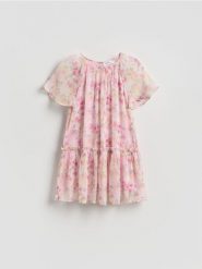 Sukienka w kwiaty - pastelowy róż. Czerwone sukienki dziewczęce Reserved, bez wzorów, z tkaniny, bez ramiączek. Za 99.99 zł.