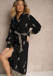 Czarna Koszulowa Sukienka w Stylu Szmizjerki z Wiskozy Wiązana w Talii Telaniwena. Czarne sukienki damskie Renee, na co dzień, l, z aplikacjami, z wiskozy, klasyczne, bez kołnierzyka, bez ramiączek, midi, koszulowe. W wyprzedaży za 143.99 zł.