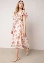 Różowa Romantyczna Sukienka Kopertowa z Wiązanym Paskiem i Brokatem Yael. Czerwone sukienki damskie Born2be, do pracy, l, bez wzorów, biznesowe, bez kołnierzyka, bez ramiączek, midi, dopasowane. Za 119.99 zł.