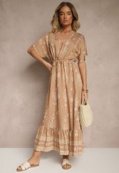 Ciemnobeżowa Rozkloszowana Sukienka z Falbanką w Print Boho z Wiskozą Tunova. Brązowe sukienki damskie Renee, na co dzień, l, bez wzorów, z wiskozy, boho, bez kołnierzyka, bez ramiączek, maxi, rozkloszowane. W wyprzedaży za 79.99 zł.