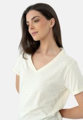 Koszulka z dżetami T-MELI. Białe t-shirty damskie Volcano, s, z aplikacjami, z bawełny, bez kołnierzyka. Za 69.99 zł.