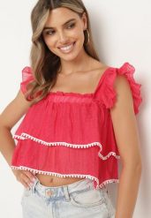 Fuksjowy Top na Ramiączkach z Możliwością Odpięcia Ozdobiony Falbanką Neveviana. Czerwone topy damskie Born2be, s, bez wzorów, bez kołnierzyka. Za 39.99 zł.