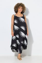 Damskie Sukienka midi słońca krój trapezowy okrągły dekolt bez rękawów. Czarne sukienki damskie Ulla Popken, plus size, bez wzorów, z materiału, bez kołnierzyka, plus size, bez ramiączek, midi, trapezowe. Za 223.99 zł.