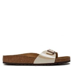 Klapki Birkenstock. Brązowe klapki damskie Birkenstock, bez wzorów, bez obcasa. Za 309.99 zł.