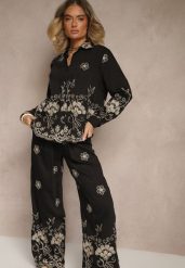 Czarny Komplet z Bawełny Spodnie i Koszula Ozdobiony Metaliczną Nicią i Haftem Cleore. Czarne koszule damskie Renee, bez wzorów, z bawełny, eleganckie. Za 129.99 zł.