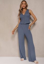 Niebieski Komplet Spodnie o Szerokim Kroju i Kamizelka z Dekoltem w Kształcie V Sadorine. Niebieskie kamizelki damskie Renee, bez wzorów, z materiału, eleganckie. Za 89.99 zł.