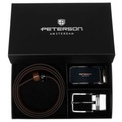 Zestaw prezentowy: dwustronny pasek skórzany w jasnobrązowym i czarnym kolorze Peterson PTN KL-B016S001 BL-BR. Brązowe paski męskie Peterson, bez wzorów, ze skóry, eleganckie. Za 139.99 zł.