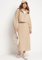 Beżowy Komplet Casualowy Bluza z Suwakiem i Stójką oraz Spódnica z Kieszeniami Hettora. Brązowe bluzy bez kaptura damskie Born2be, l. Za 159.99 zł.