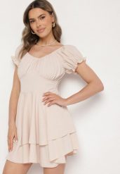Beżowa Sukienka z Bawełną Bufiastymi Rękawami i Falbankami Maveleira. Brązowe sukienki damskie Born2be, na spotkanie biznesowe, l, bez wzorów, z bawełny, eleganckie, bez kołnierzyka, bez ramiączek, mini. W wyprzedaży za 51.99 zł.