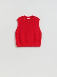 Kamizelka z ozdobnym dekoltem - intenstywna czerwień. Czerwone kamizelki damskie Reserved, l, z bawełny. Za 129.99 zł.