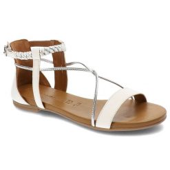 Białe Sandały Damskie Tamaris Modne Letnie Buty. Białe sandały damskie Tamaris, z aplikacjami, ze skóry, bez obcasa, na płaskiej podeszwie. Za 259.00 zł.