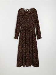 Sukienka midi w panterkę - brązowy. Brązowe sukienki damskie Sinsay, l, bez wzorów, bez kołnierzyka, bez ramiączek, midi. Za 59.99 zł.